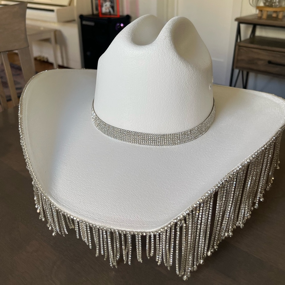 Rhinestone White Fringe Cowgirl Hat